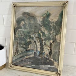 Antique Original Oil Painting Landscape Wood Framed Glass Wall Hanging Farmhouse Modernist Vintage 