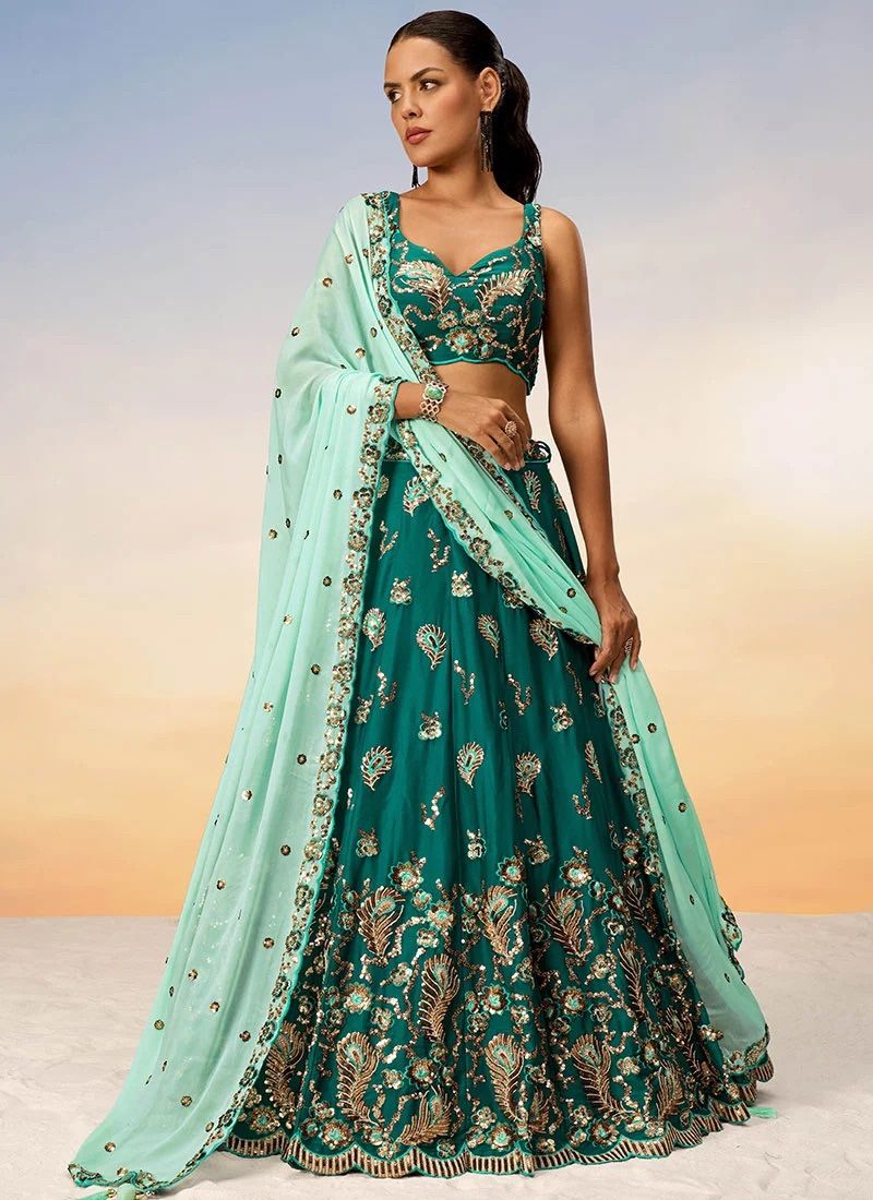 Green Georgette Embroidered Sequins Lehenga