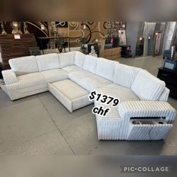 Corduroy LIGHT SILVER RHF Fabric Half U-Shaped Pull Out Sectional Sofa w/ Storage Armrest w/ USB + Pillows