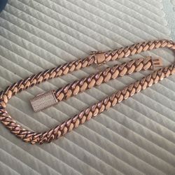 Set Chain & Bracelet 20mm Miami Cuban Link Pink Red Rose Gold Plated Chain Necklace 18k & 14k Crab Old School Regular Lock