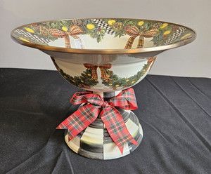 MacKenzie-Childs Evergreen enamel pedestal compote bowl Courtly Check base and holiday wreath design.