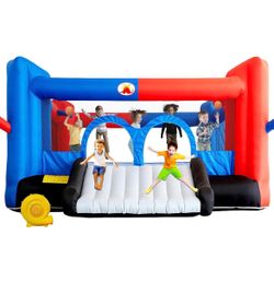 Inflatable Bounce House with Blower, 15.3ft x 14.7ft Jumping Castle with Dartboard, Dual Basketball Hoop, Dual Kicking Boards, Jumping Area for 6 Kids