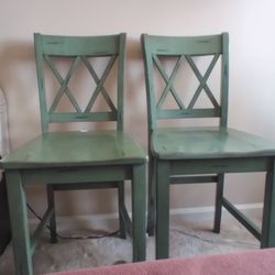 2 Green Bar Stools , Distressed Paint, Very Lovely 
