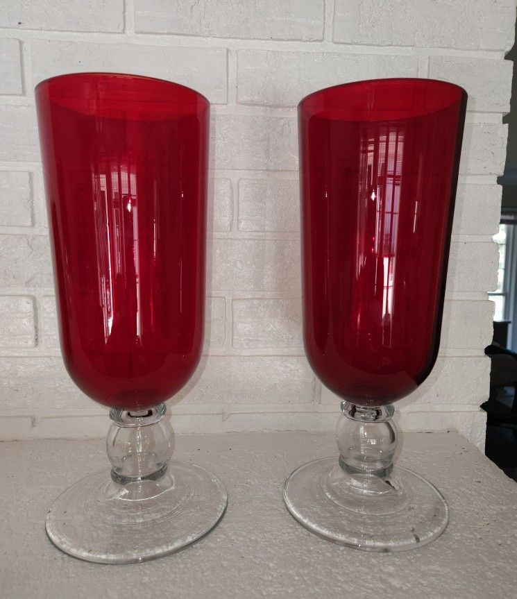 SET OF TWO 13" VINTAGE POTTERY BARN VASE OR CANDLEHOLDERS RUBY & CRYSTAL GLASS