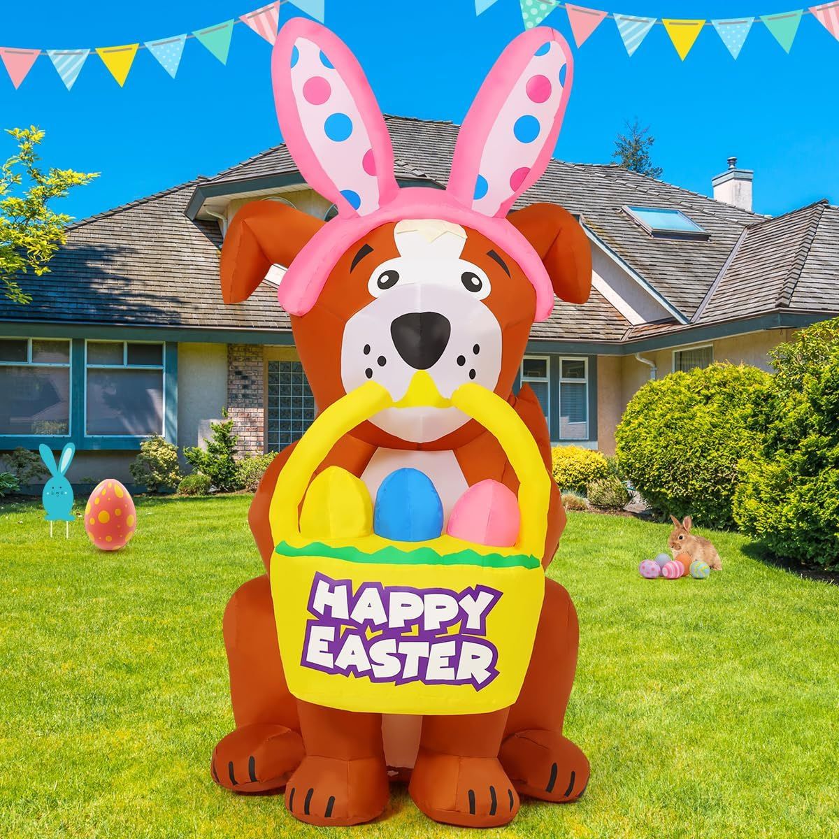 5 FT Easter Inflatables Outdoor Dog Yard Decorations Decor LED Lights Party Yard Garden Lawn