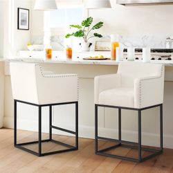 LUE BONA 26''H Counter Height Bar Stools Set of 2，Modern Barstools with Open Arms, Black Metal Frames, Linen Fabric Upholstered Bar Stool for Kitchen 
