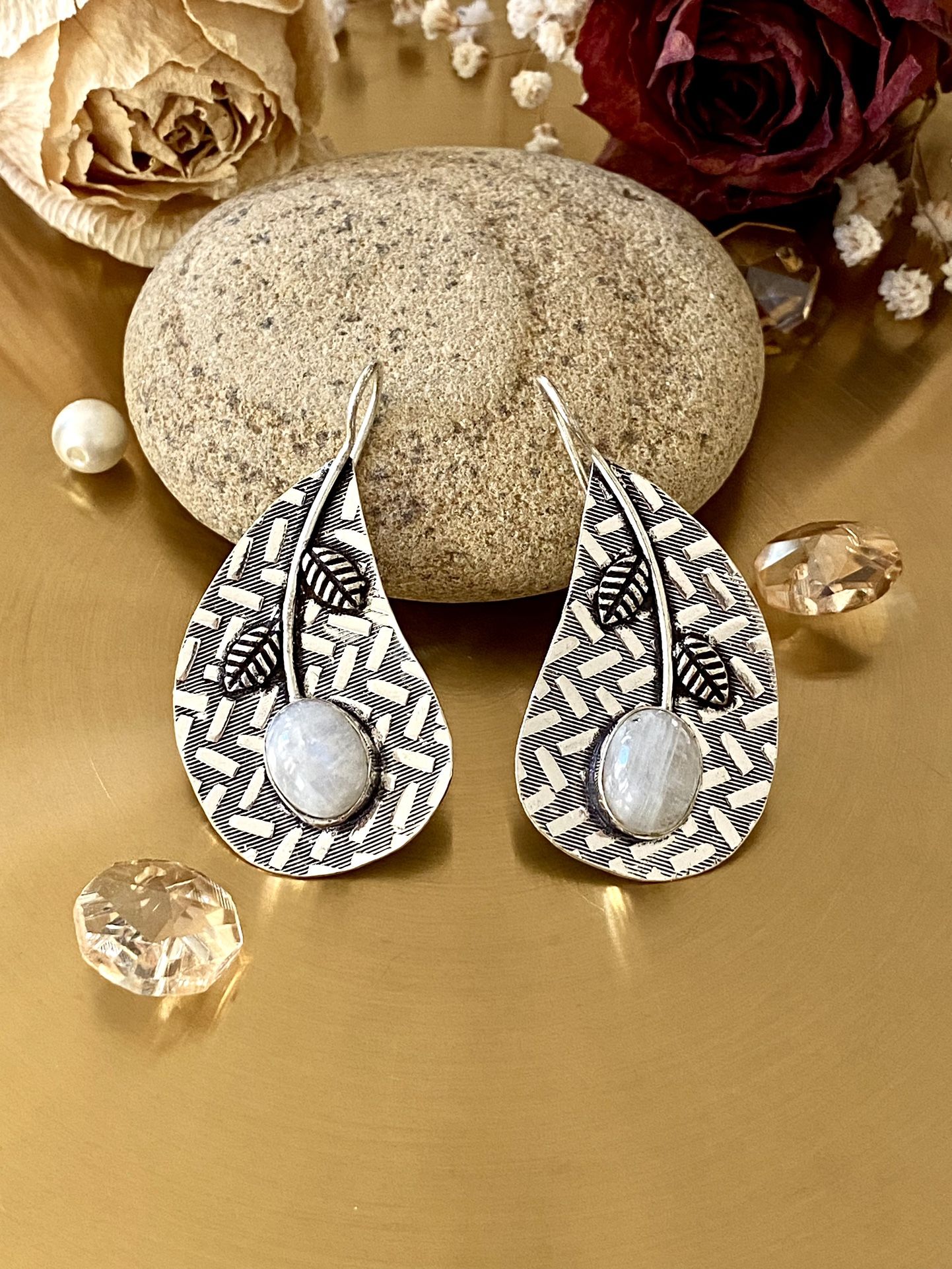 Rainbow Moonstone Embossed 925 Sterling Silver Overlay Handcrafted Earrings