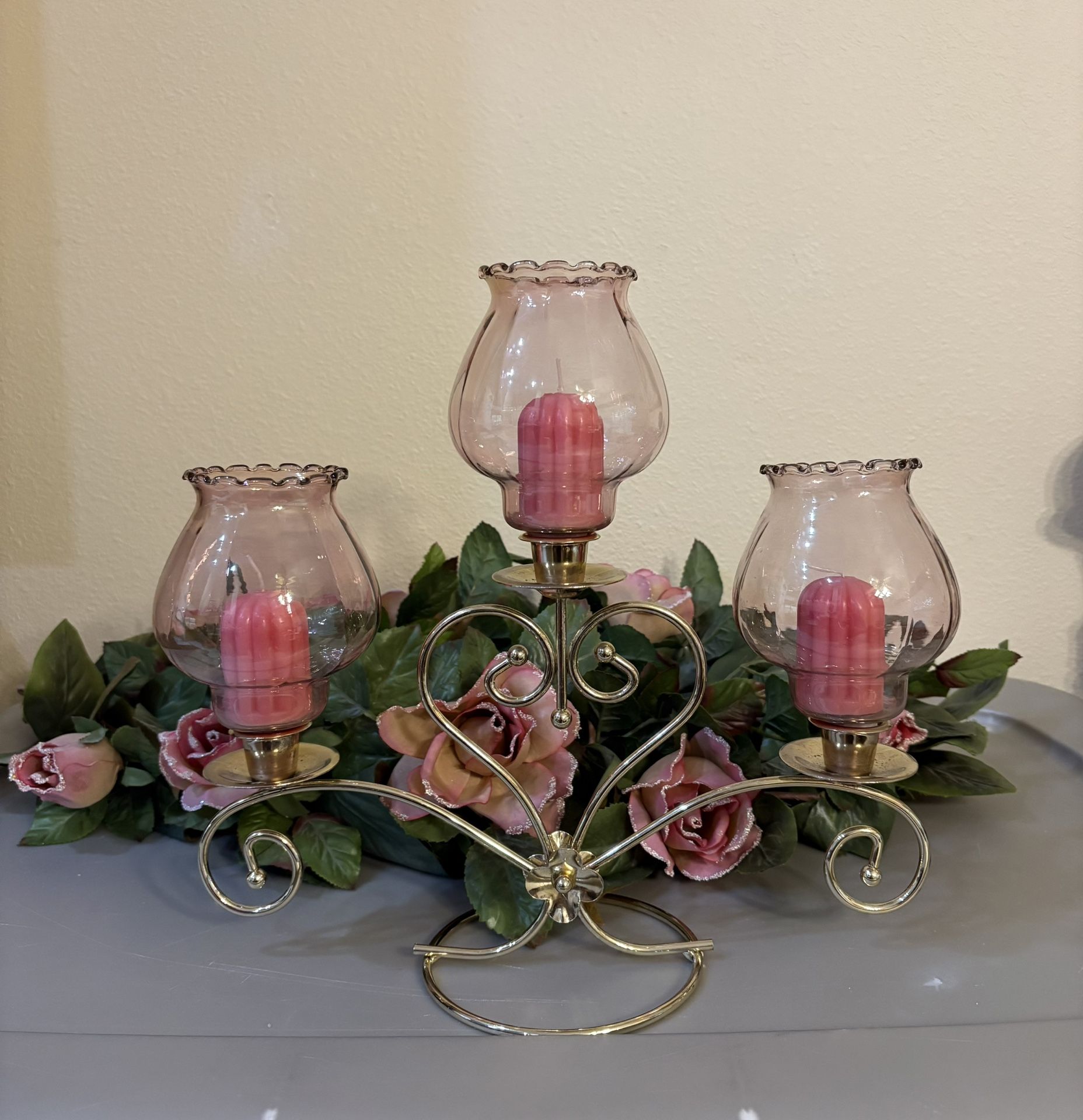VTG Homco Candelabra 3 Tier W/3 Candles, 4 Glass Covers, & Fake Flowers Decor