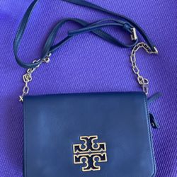 Tory Burch Women's Small Britten Pebbled Leather Combo Crossbody Blue Bag