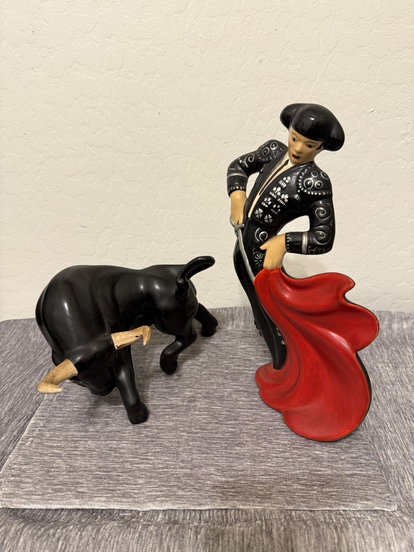 Vintage 1962 Mid Century Modern Spanish Bull Fighter Ceramic Matador Statue and Black Bull Figurine Statue