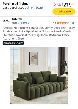 Antetek 78" Green Modern Teddy Fabric Cloud Sofa Couch