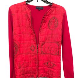 J. McLaughlin Jacket Womens Sz L. Red Silk Quilted Full Zip. Ancient Greek.