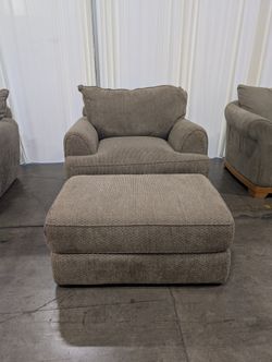 Textured Tan Fabric Armchair and Ottoman Set