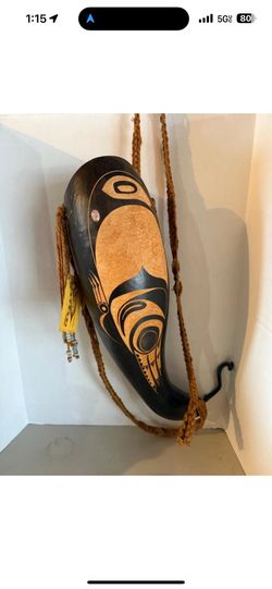 Mark DuBourdieu Signed 1973 Carved Gourd Horn–NW Coast Inspired Formline Art 22"