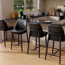 NEW SET OF 2 BLACK LEATHER COUNTER STOOLS W CUSHION 
