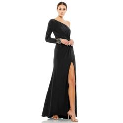 MAC DUGGAL Size 12 ONE SLEEVE BEADED CUFF SIDE TWIST Black GOWN Dress Womens
