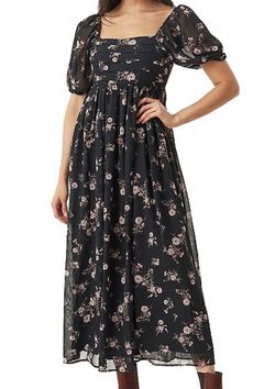 NEW Wallflower Women’s Black Floral Puff Sleeve Long Dress