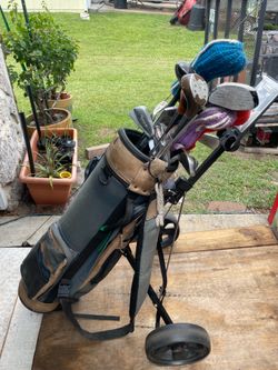 Golf clubs and bag with a caddy