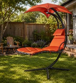 Cloud Mountain Hanging Chaise Lounger Chair Outdoor Swing Hammock Chair Arc Stand Porch Patio Chair Floating Chaise Chair with Canopy Umbrella and Pil