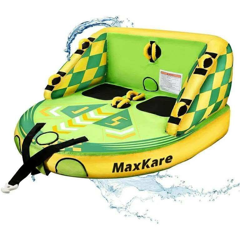Inflatable Towable Tube for Boating Waterskiing with EVA Foam Seat Pads, Towables for 1-2 Person-Green