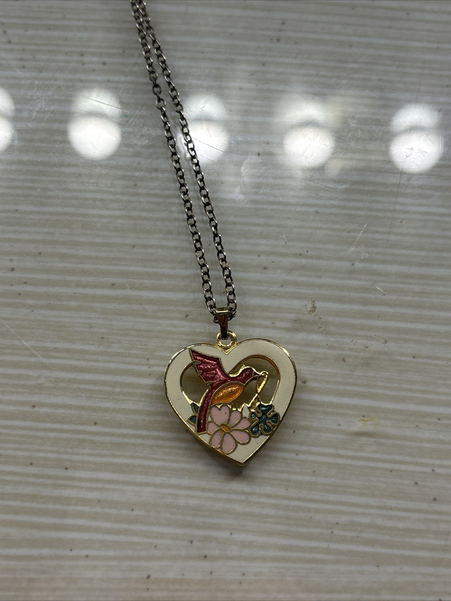 Vintage Cloisonné Colorful Heart  Bird Pendant Necklace