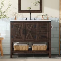 36" Brown Farmhouse Bathroom Vanity with Sink and 2 Drawers Rustic Brown, Single Solid White Integrated Top, Moisture-Resistant MDF, 2 X-Panel Doors, 