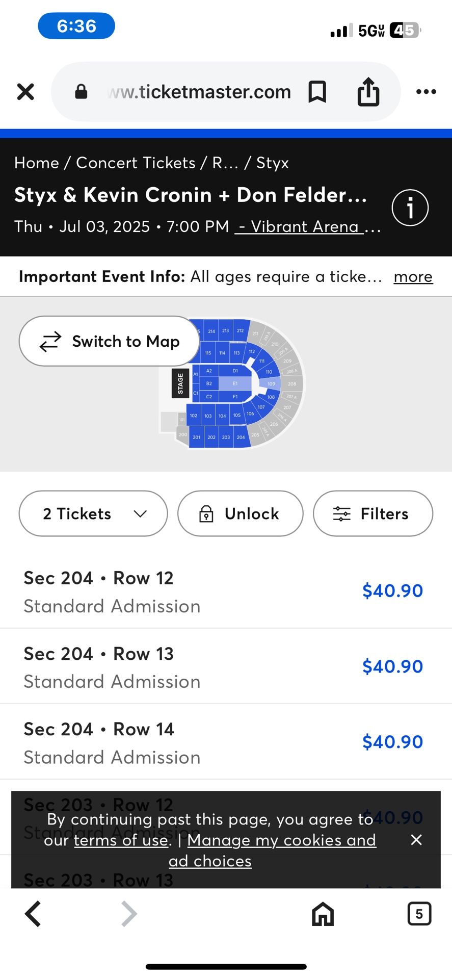 Styx Concert Tickets For Tonight ! $35 For Both ! Last Minute Deal
