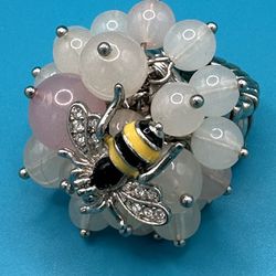 Rose Quartz Beaded Stretch Ring With Rhinestone & Enameled Honey Bee 