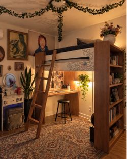 Solid Wood Full-Size Loft Bed + Desk + Shelves