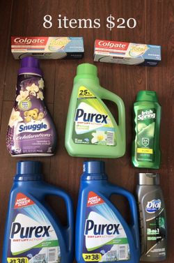 3 Purex Liquid Soap; 1 Snuggles Fabric Softner; 1 Irish Spring; 2 Suave; 2 Toothpastes: 8 Items $20