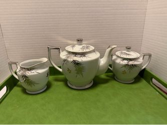 Vintage Kutani Silver Bamboo Porcelain Tea Set 14pc