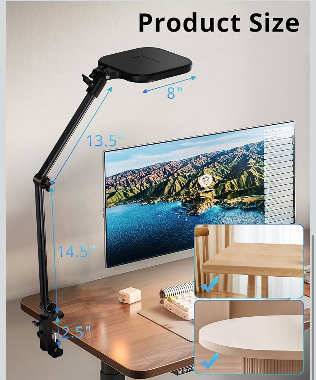 8" Ring Light for Desk with Clamp and Adjustable Arm Square Design NEW