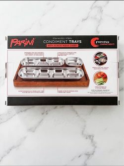 Parini Stainless Steel Condiment Trays with Acacia Wood Caddy