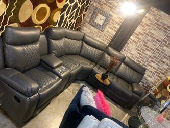 Grey Leather Sectional NEW - reclining ends