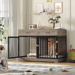 Dog Crate Furniture with 2 Drawers, 47.2 in Wooden Indoor Dog Cage Table with Di