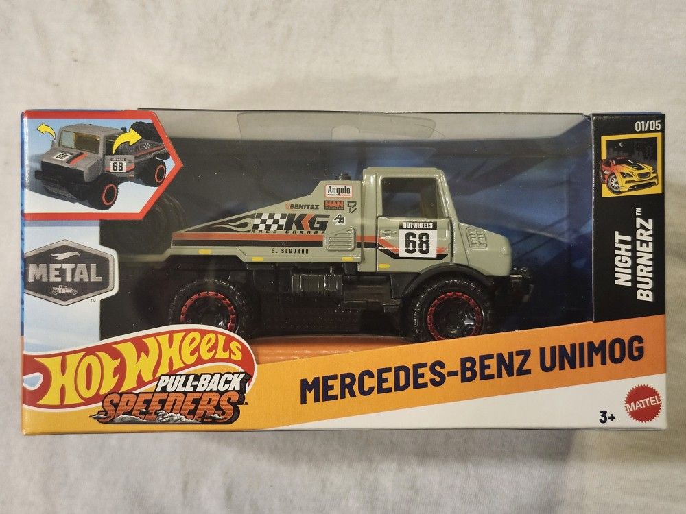 HOT WHEELS METAL DIECAST 1;43 SCALE. PULL BACK SPEEDERS. NIGHT BURNERZ. 1955 MERCEDES BENZ UNIMOG.