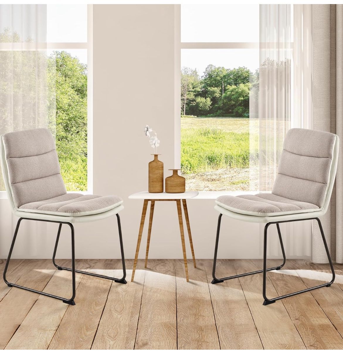 COLAMY Dining Chairs Set of 2, Modern Waffle Fabric Dining Chairs, Faux Leather