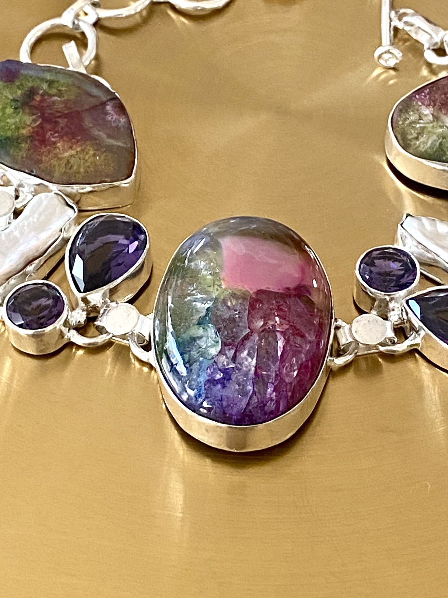 Rainbow Solar Quartz, Biwa Pearl And Amethyst 925 Sterling Silver Overlay Bracelet