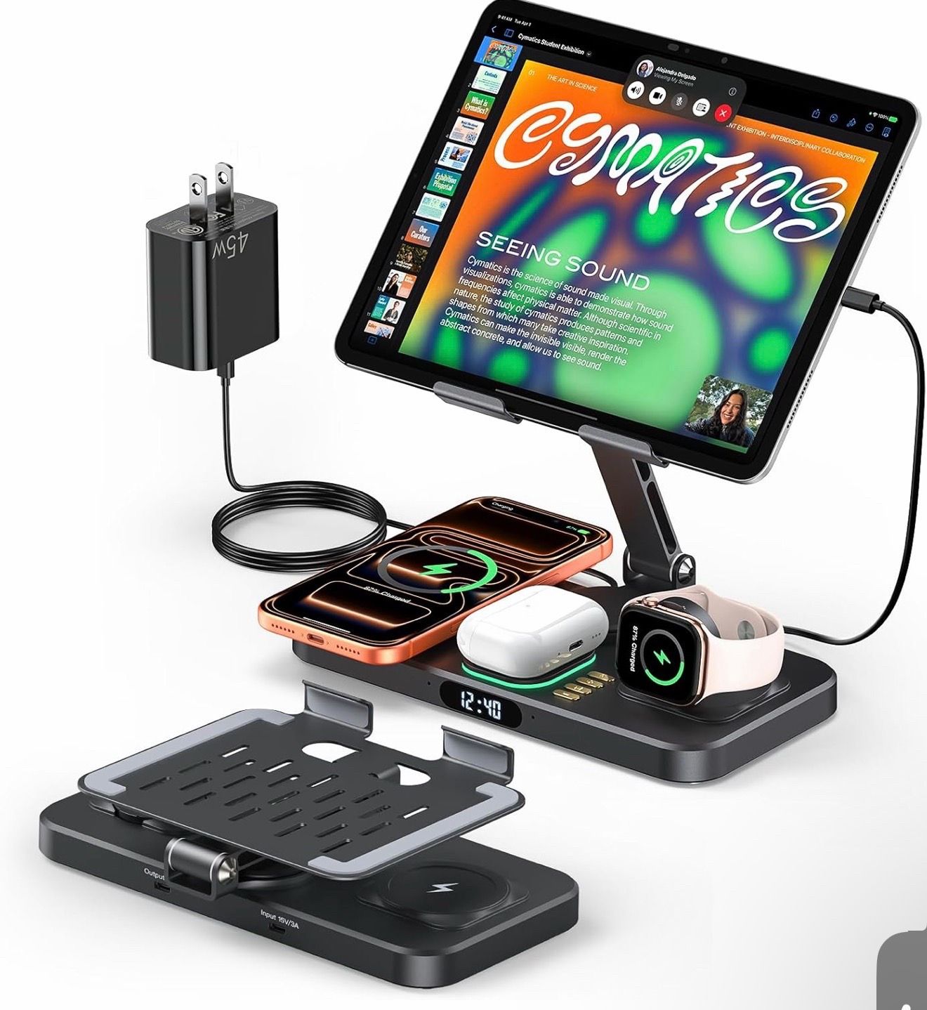Magnetic Wireless Charging Station with 45W Adapter for Apple Devices, 20W Fast Foldable Wired Charging Stand for iPad with Clock & Night Light, Fast