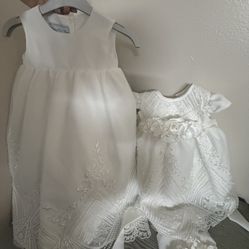 Elegant two-piece baptism dress set for baby girls. Includes one short dress and one long overlay gown, can be worn separately for a simple look or t