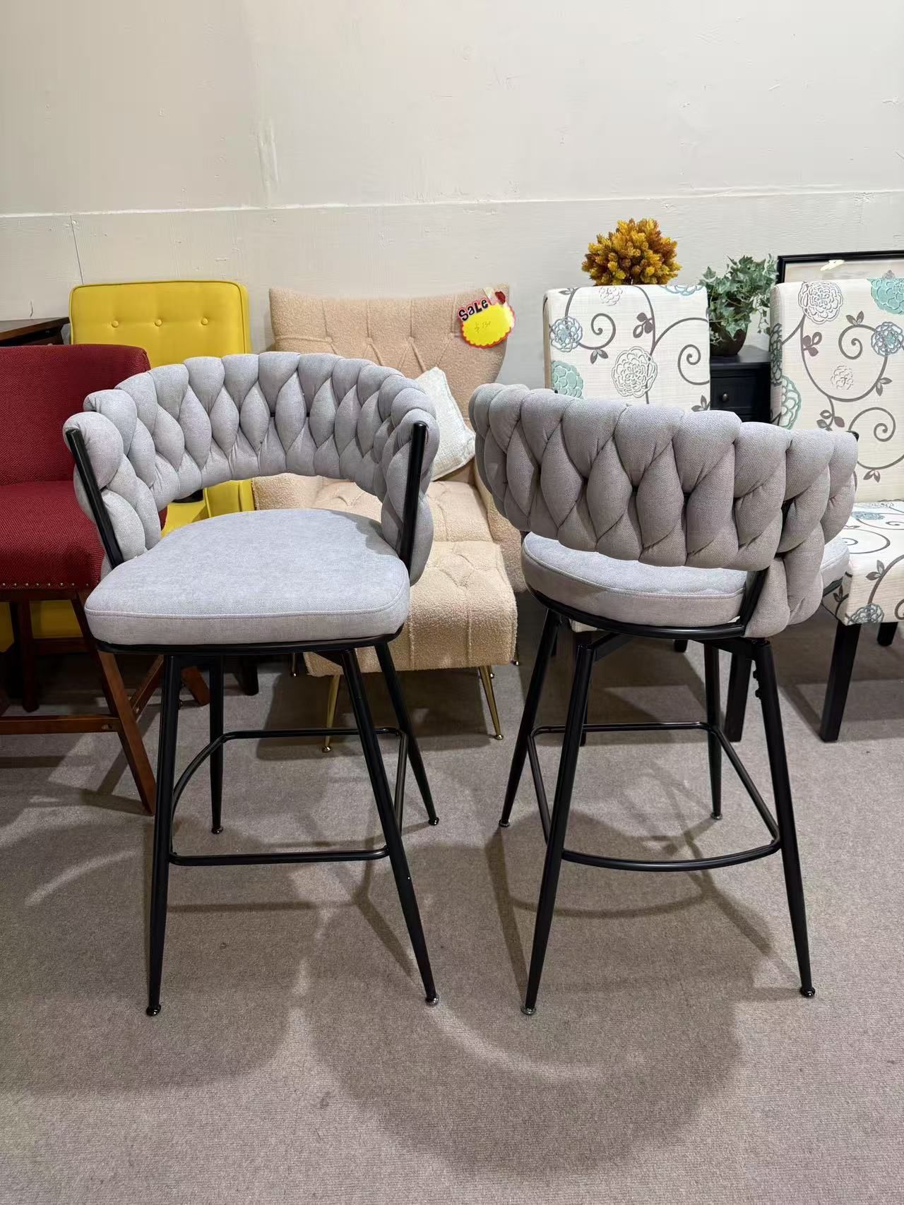 Brand new 30inch Bar Stools Set of 2,360° Swivel Counter Height Bar Stools, Suede Fabric Modern Stool Chairs with Woven Back and Footrest for Kitchen