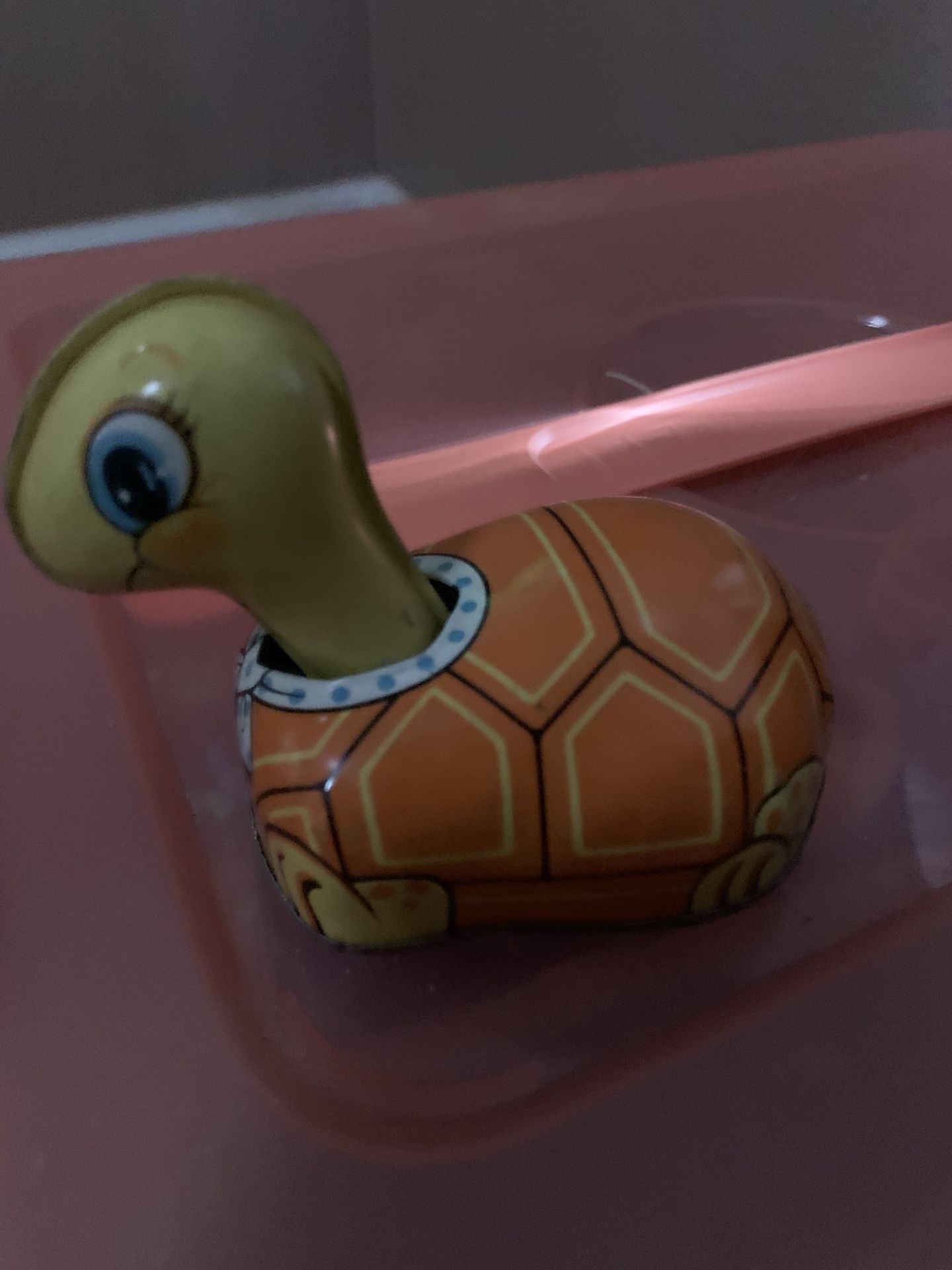 Vintage Japan H-Toy Tin Turtle Litho Friction Orange Shell Cute Smile Big Eyes