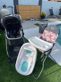 Stroller, baby chair, baby tub
