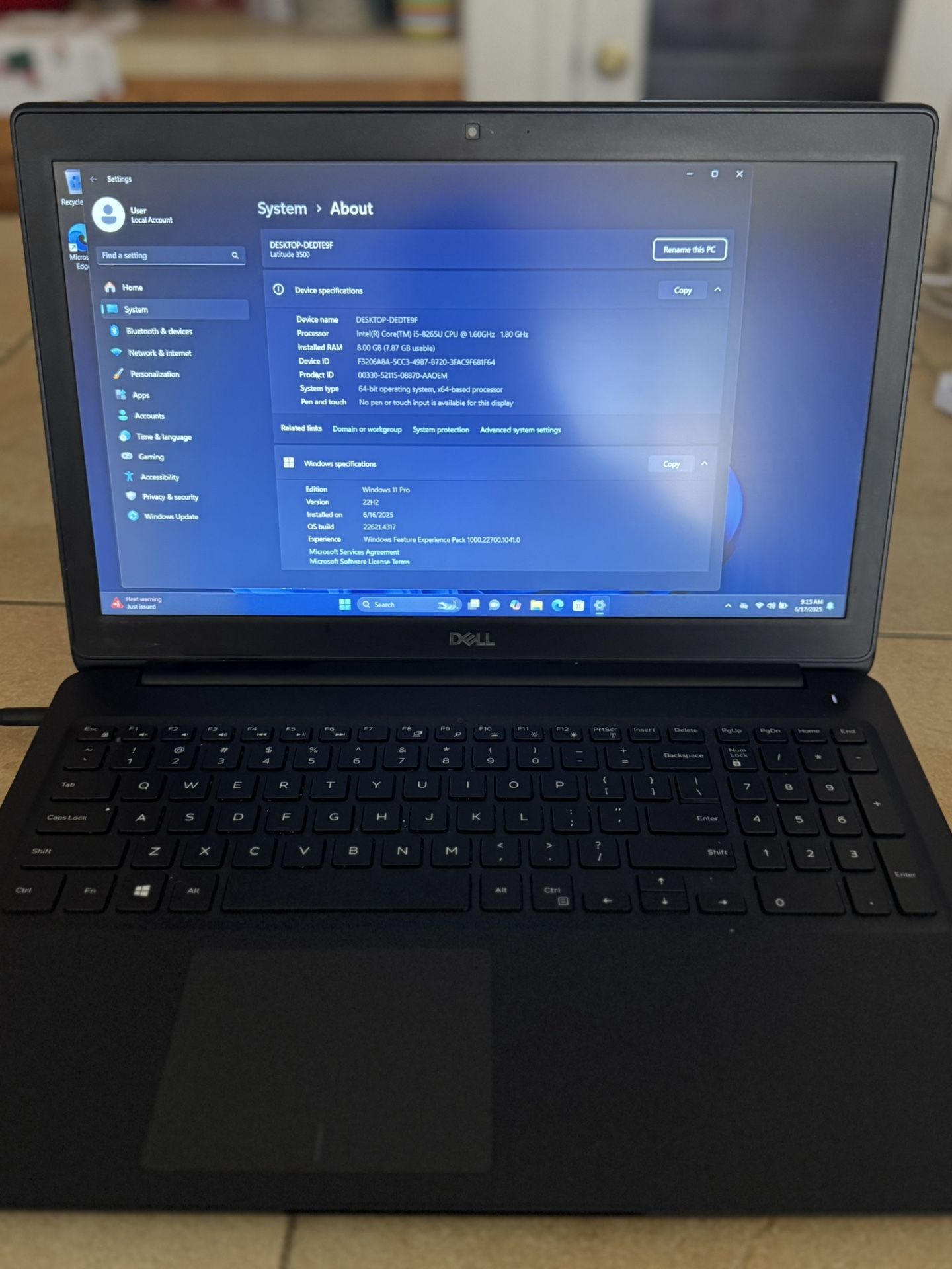 Dell Latitude 3500, I5-8265U, 8 GB DDR4, 256 GB NVMe SSD, Windows 11 Pro