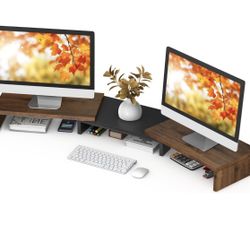 TAVR Dual Monitor Stand Riser – Extra Long Desktop Organizer for 2 Monitors, Rustic Brown (43.3”)