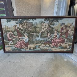 Vintage Framed French Aubusson Needle Point Wall Art Pastoral Scene With Musicians & Cherubs  