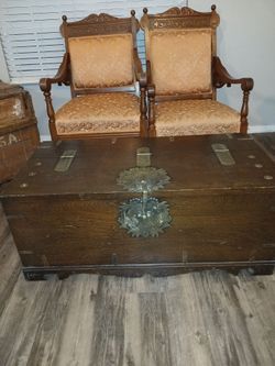 Antique Solid Wood Asian Trunk With Brass Fittings And Hardware