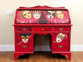 Custom Order Option: Antique Roll-Top Writer's Desk Retro Masquerade Marionette Carnival Art, Vintage Home Office School Decor Receptionist