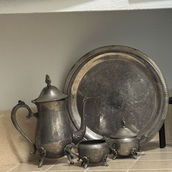 Silver Plated - Vintage VINTAGE Leonard Silverplate Tea Set Teapot, Lidded Sugar, Creamer & Tray / Collectibles