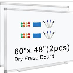 H-Qprobd 5' x 4' Dry Erase Board for Wall 60" x 48" (2 Pack) Magnetic Presentation Whiteboard with Long Pen Tray, Wall-Mounted White Boards Large